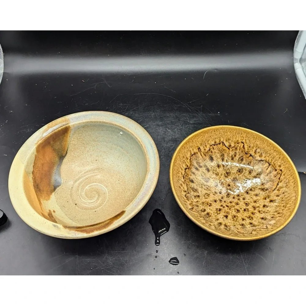 Lot/2 Vintage Studio Art Pottery Ceramic Bowls Brown Beige Signed 7* 7.75